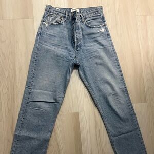 Agolde Blue High Rise Jeans with Distressed Knee